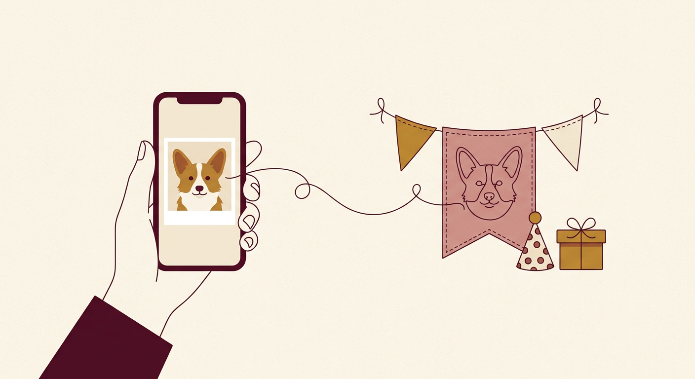 Illustration : une photo de chien sur un téléphone se transforme, par un trait de dessin, en portrait sur une banderole de fête